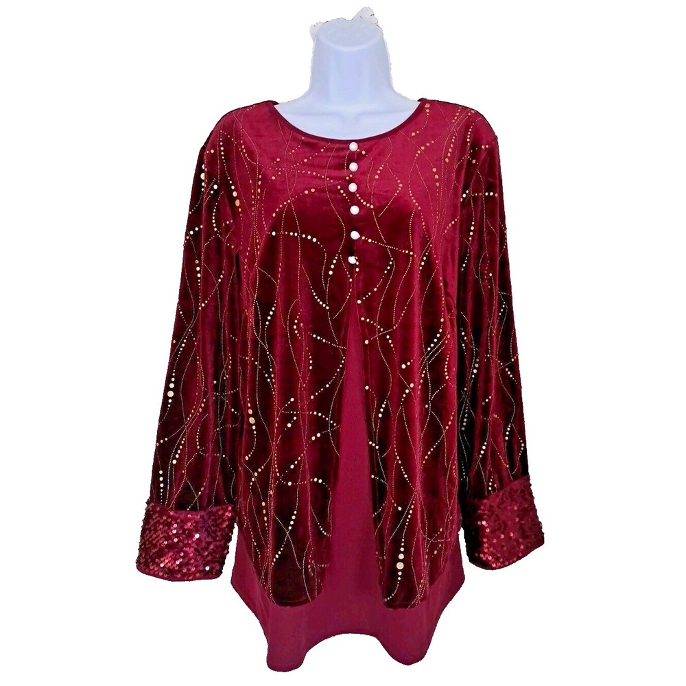 Woman's Velvet Top Sz XXL Burgundy/Gold Faux 2 Pc. Sequin Cuffs Holiday No brand